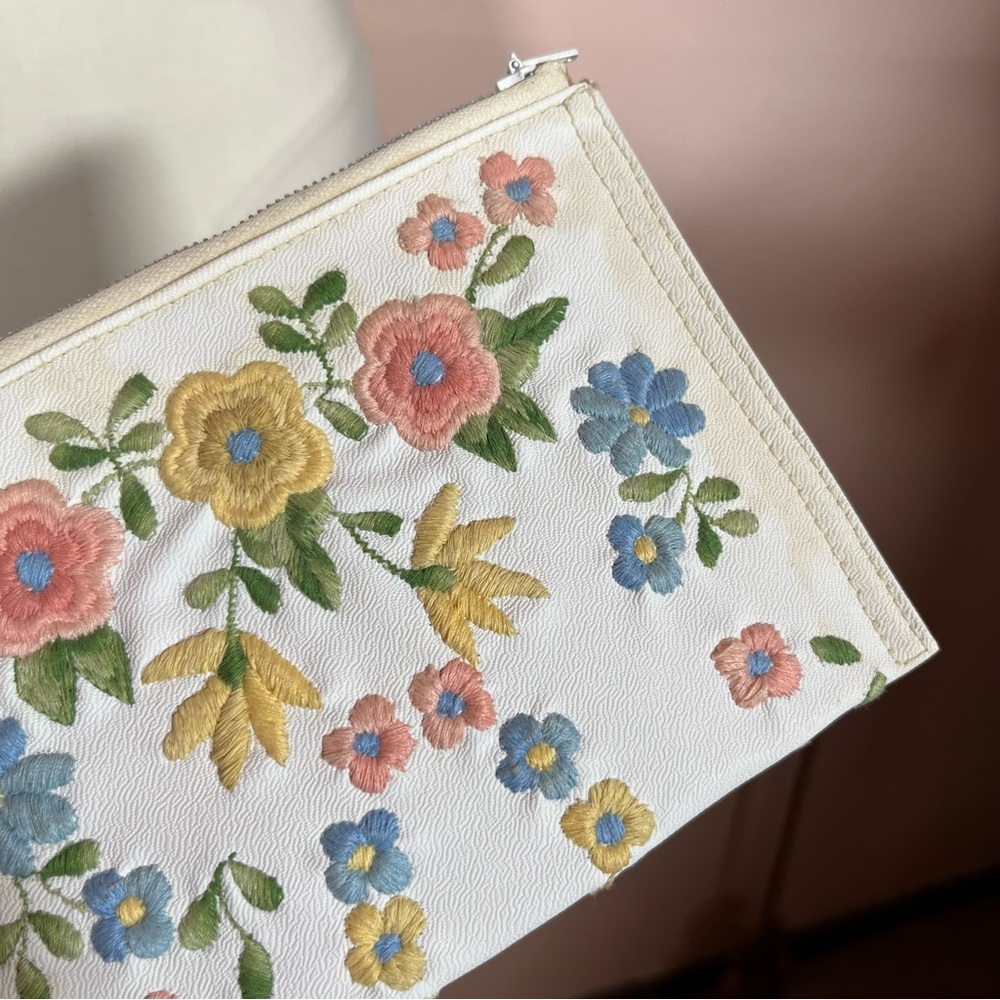 Vintage 40 50 Retro white Leather Pastel embroidered Cottagecore Clutch mini Bag - Picture 11 of 16
